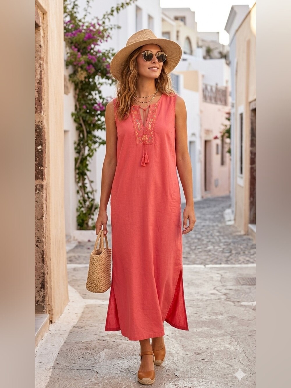 White Stag XL 16/18 Coral Sunset Linen Cotton Embroidered Maxi Dress Pockets